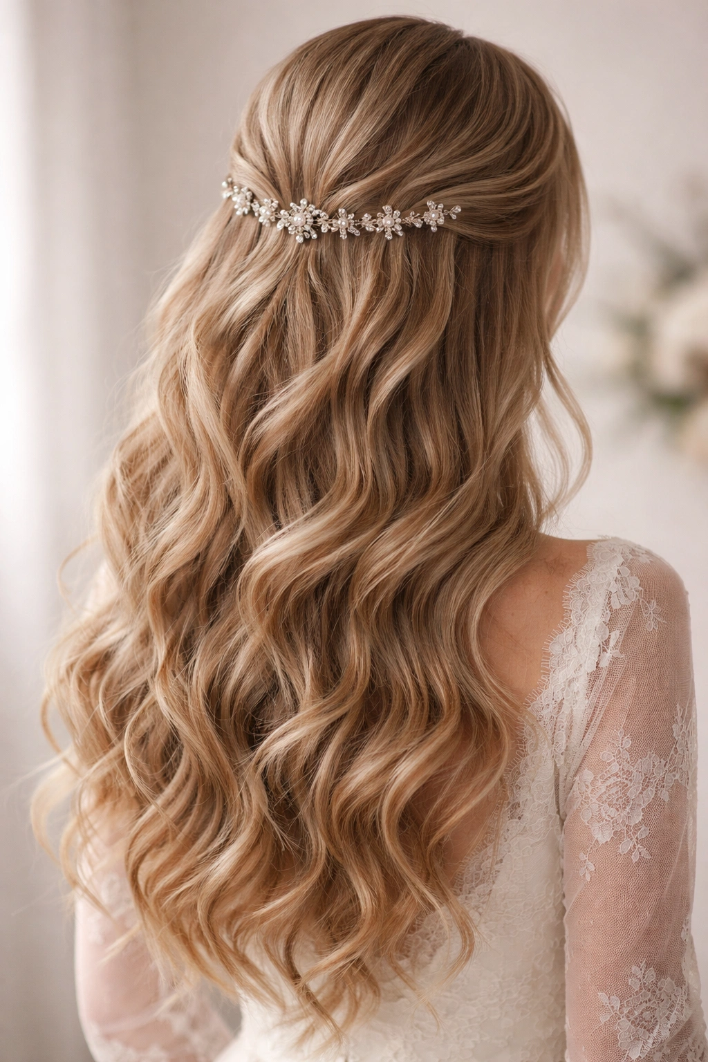 Cascading waves with delicate clips along the back of the head