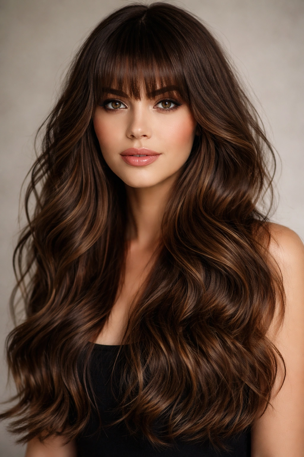 Cascading waves with fringed bangs in a glamorous editorial look