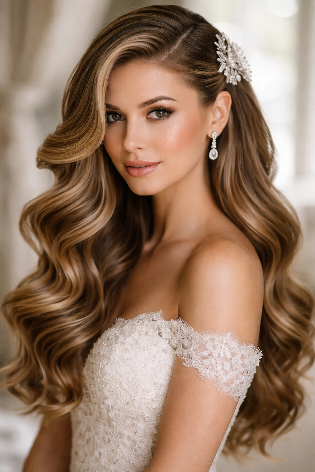 Side-parted cascading waves flowing over the shoulder