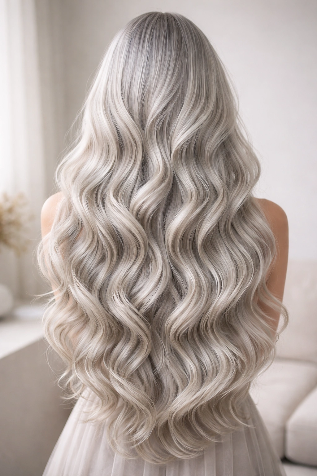 Long silver hair cascading in waves from crown to ends