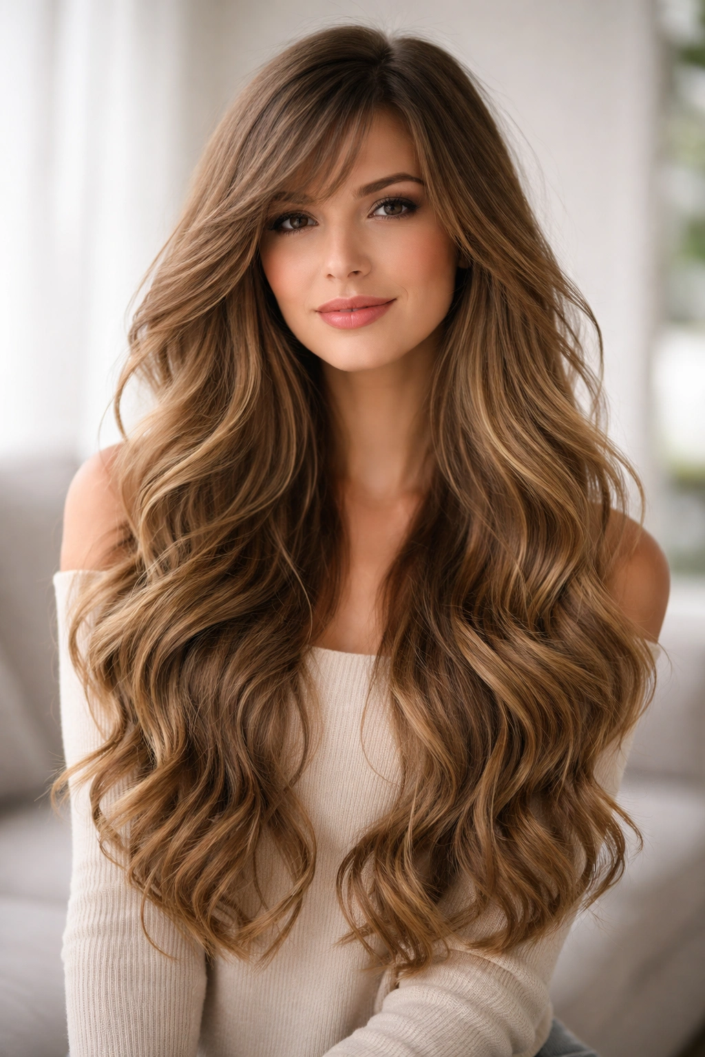 Cascading waves with soft side bangs in a bright studio