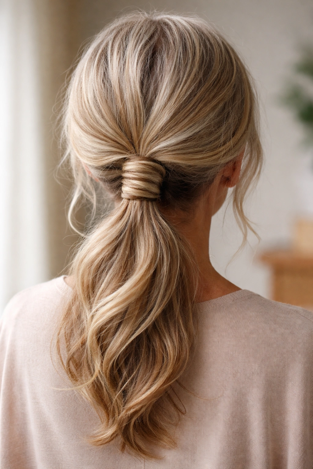 Low ponytail with cascading wraps around the elastic.