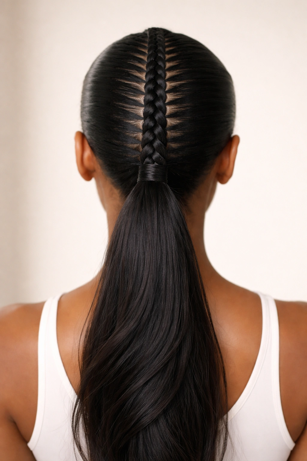 Center-Placed Stitch Braid Ponytail close-up of a centered stitch braid entering a neat ponytail
