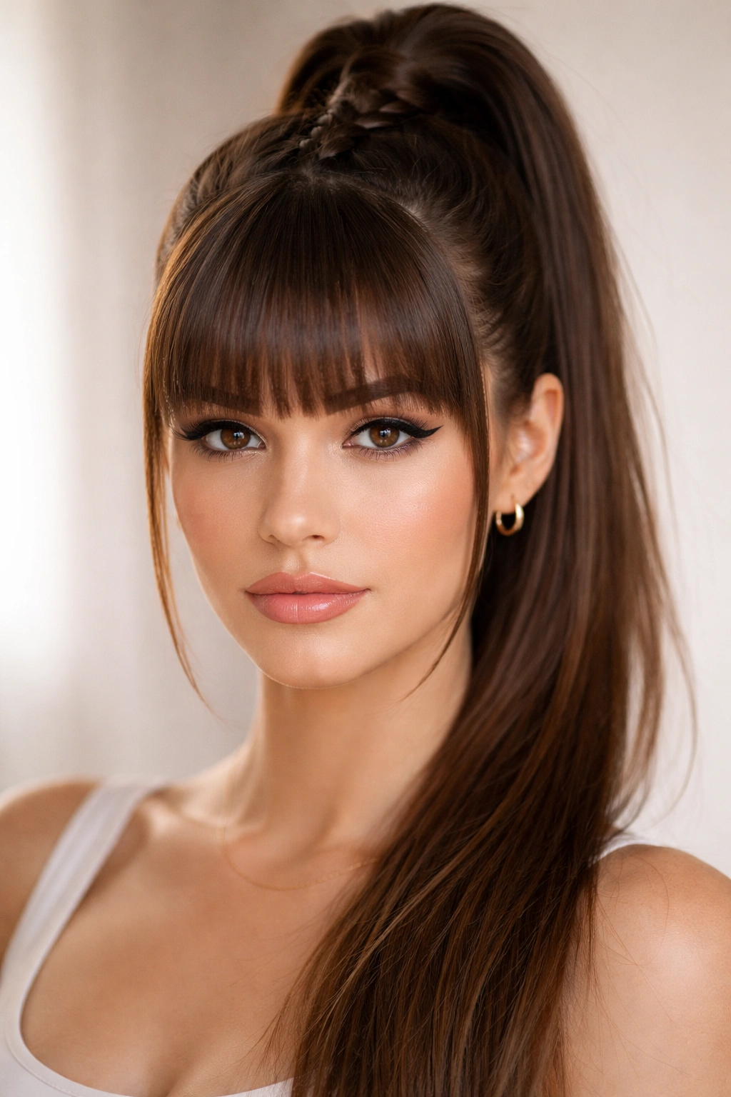 Close-up head showing a central braid into a high ponytail with straight-across bangs.