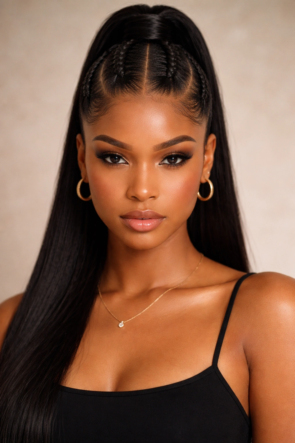 Close-up of high cornrows with a center part feeding into a sleek high ponytail