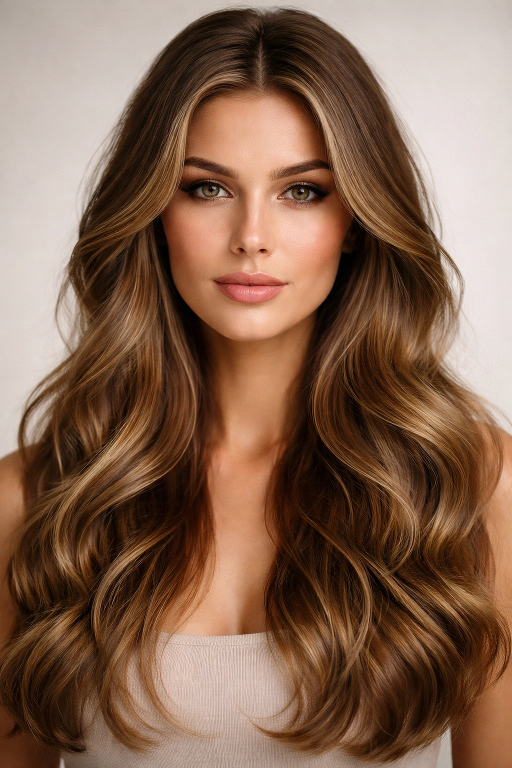 Model with center-parted waves and crown volume in a balanced portrait