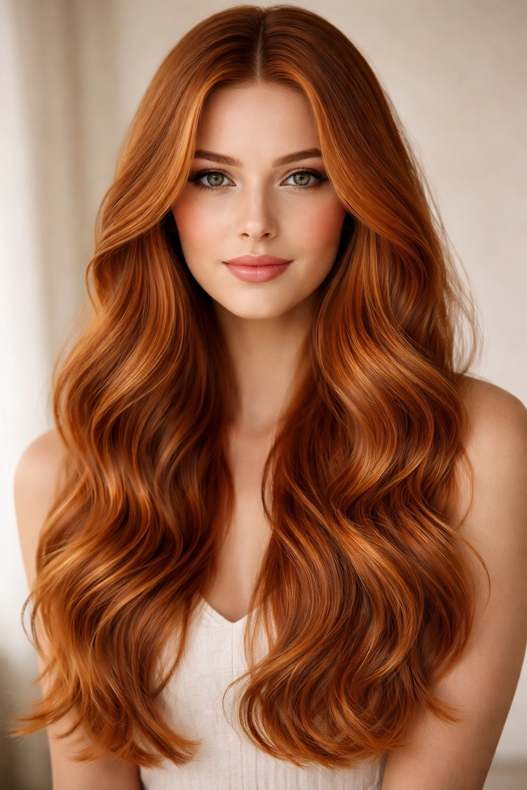 Soft ginger waves with a center part framing the face