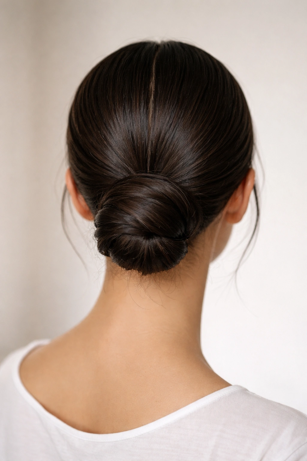 Center-part slicked-back low bun at the nape, symmetrical look