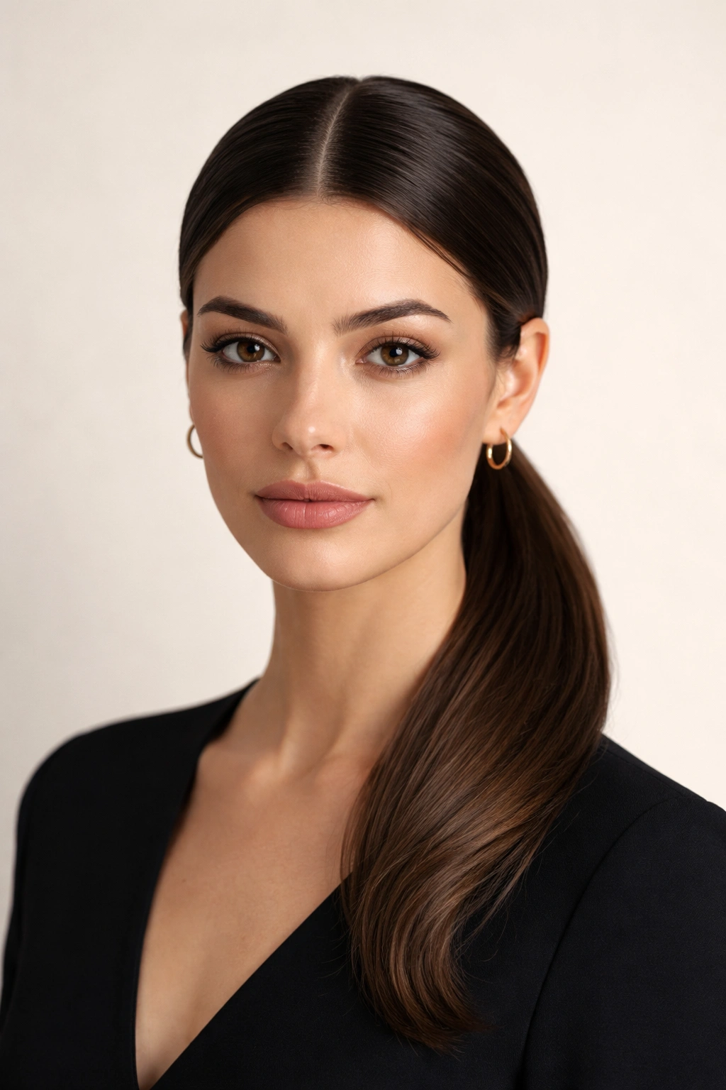Center-parted sleek low ponytail with symmetry