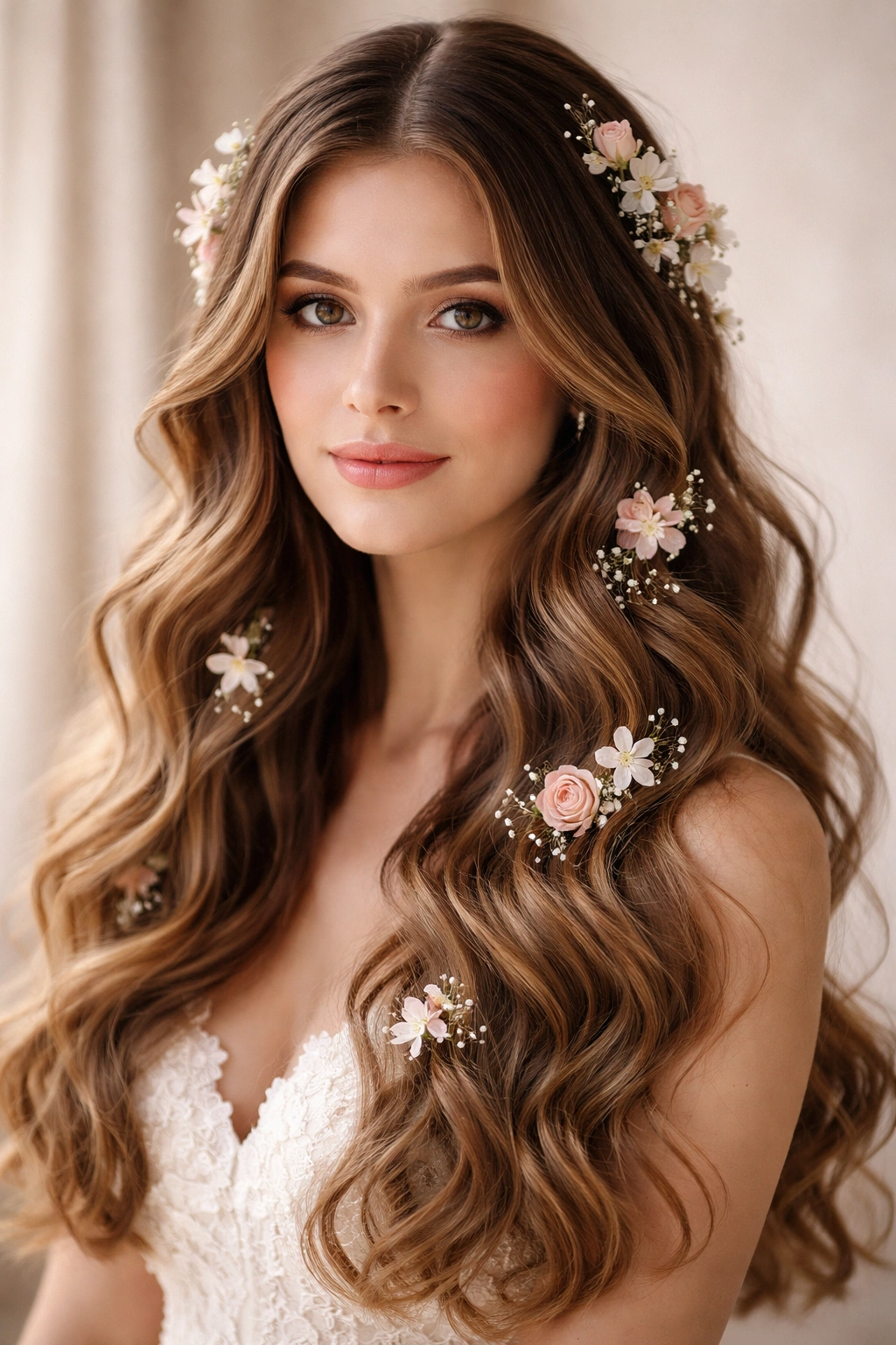 Center-parted waves with small flowers woven into hair