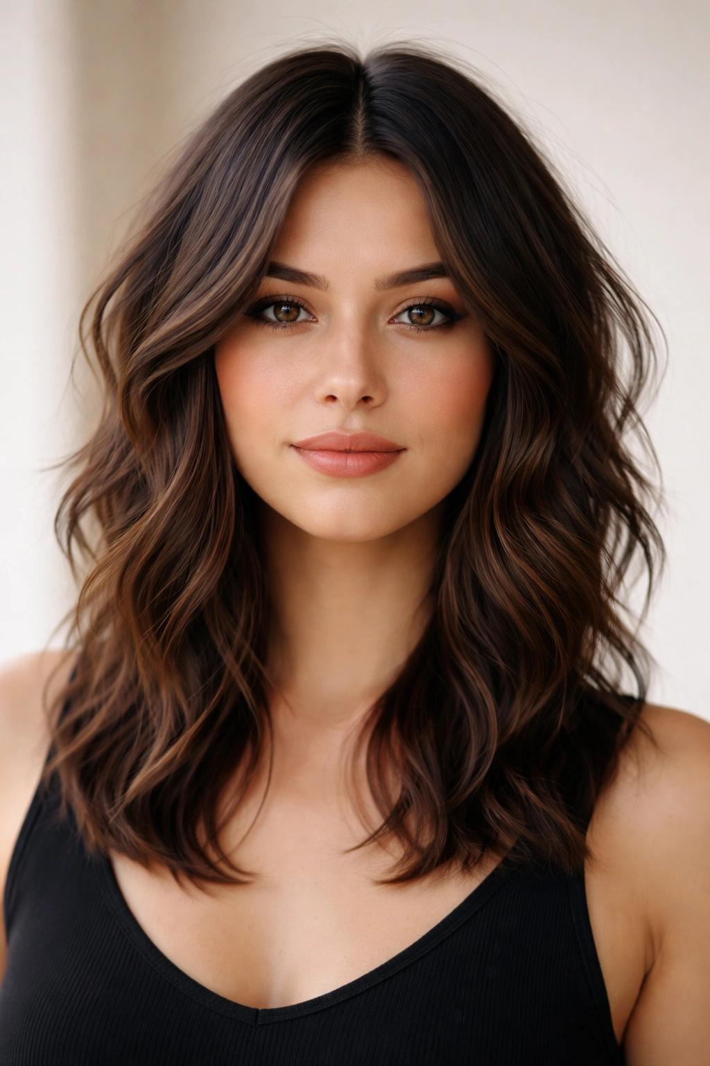 Face-framing wolf cut with center part and shoulder-length waves