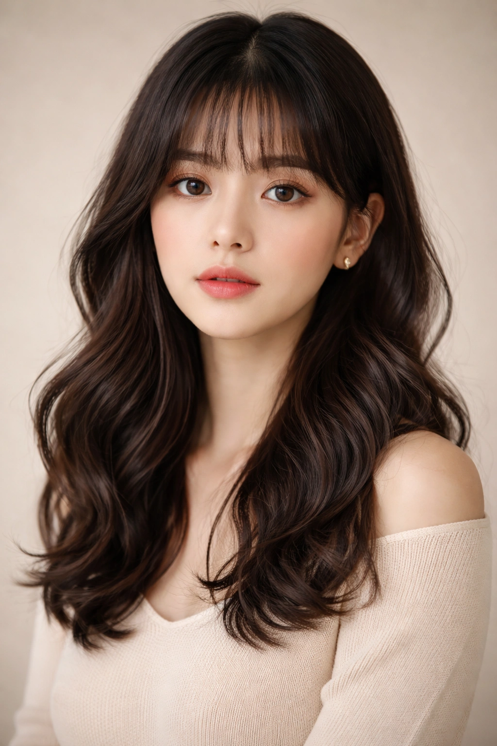 Close-up of center-parted waves with baby bangs on a model.