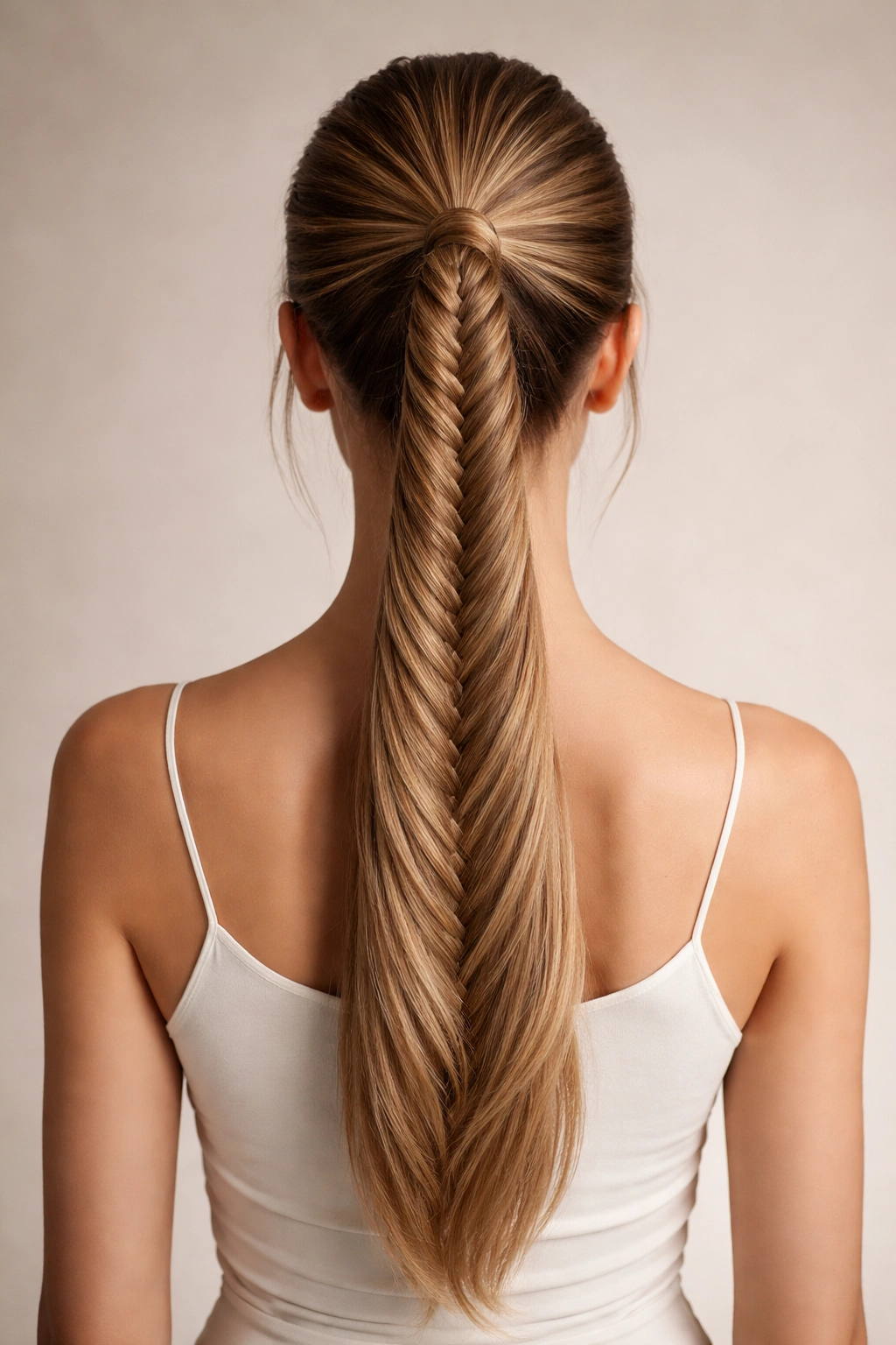 Classic centered fishtail ponytail with full-length braid centered at the back