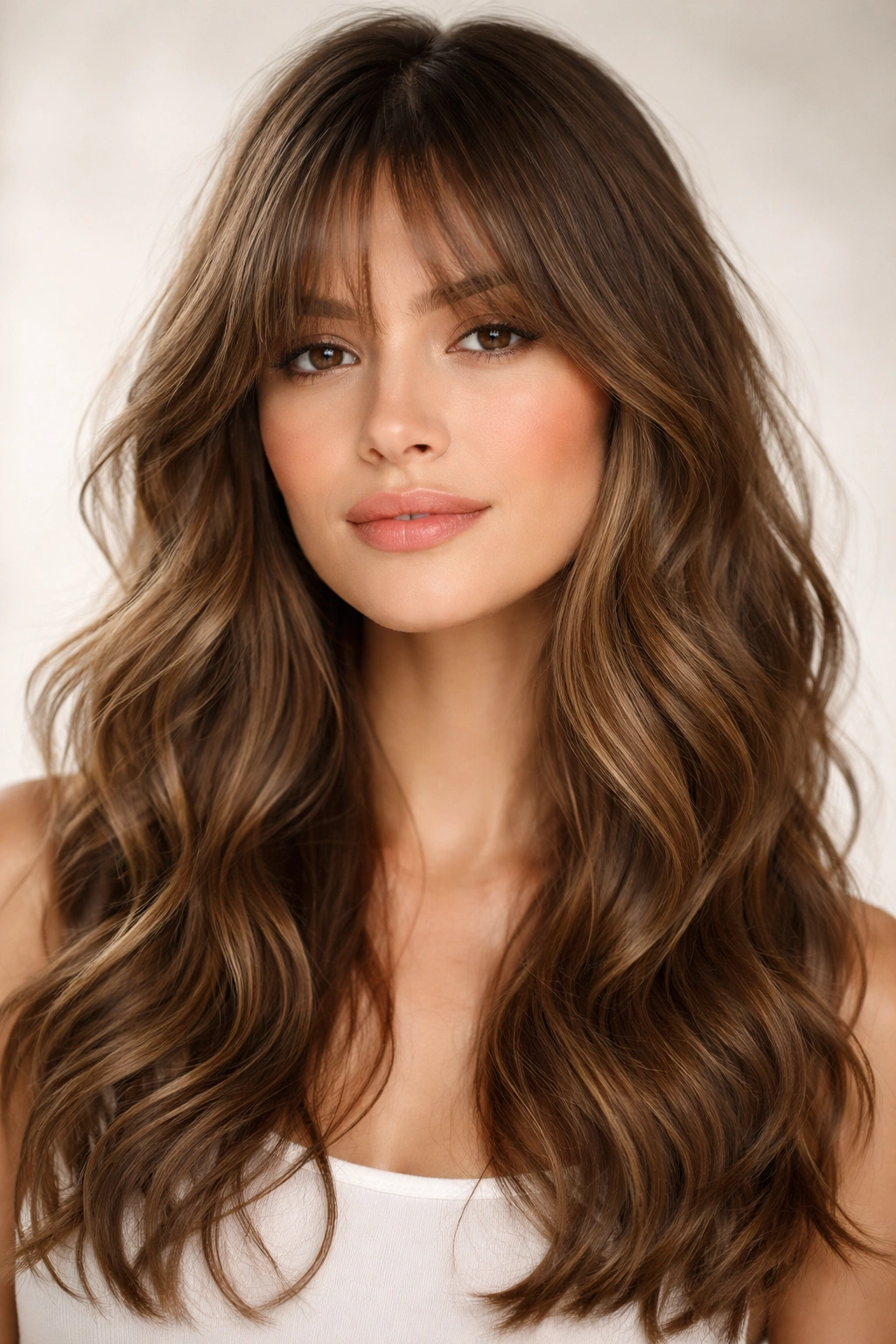 Cheekbone-length blended bangs blending into waves on a model