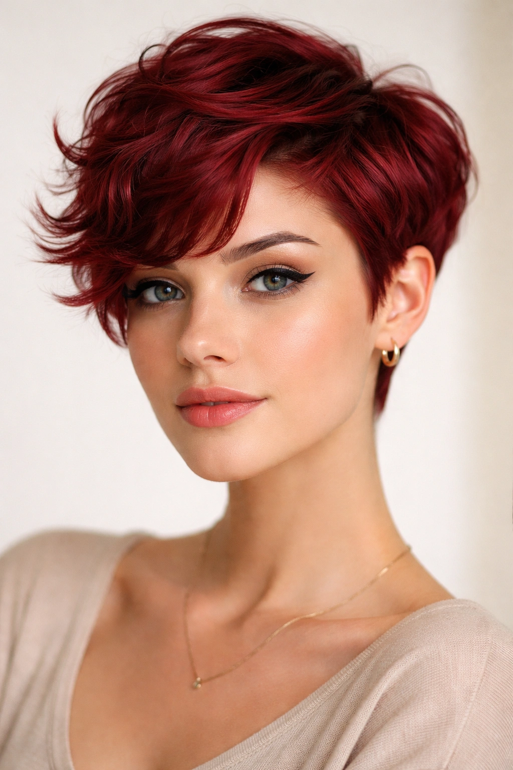 Cherry red wavy pixie crop with defined waves