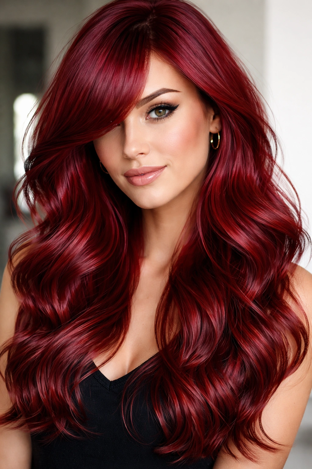 Glossy cherry red hair with side-swept bangs and waves