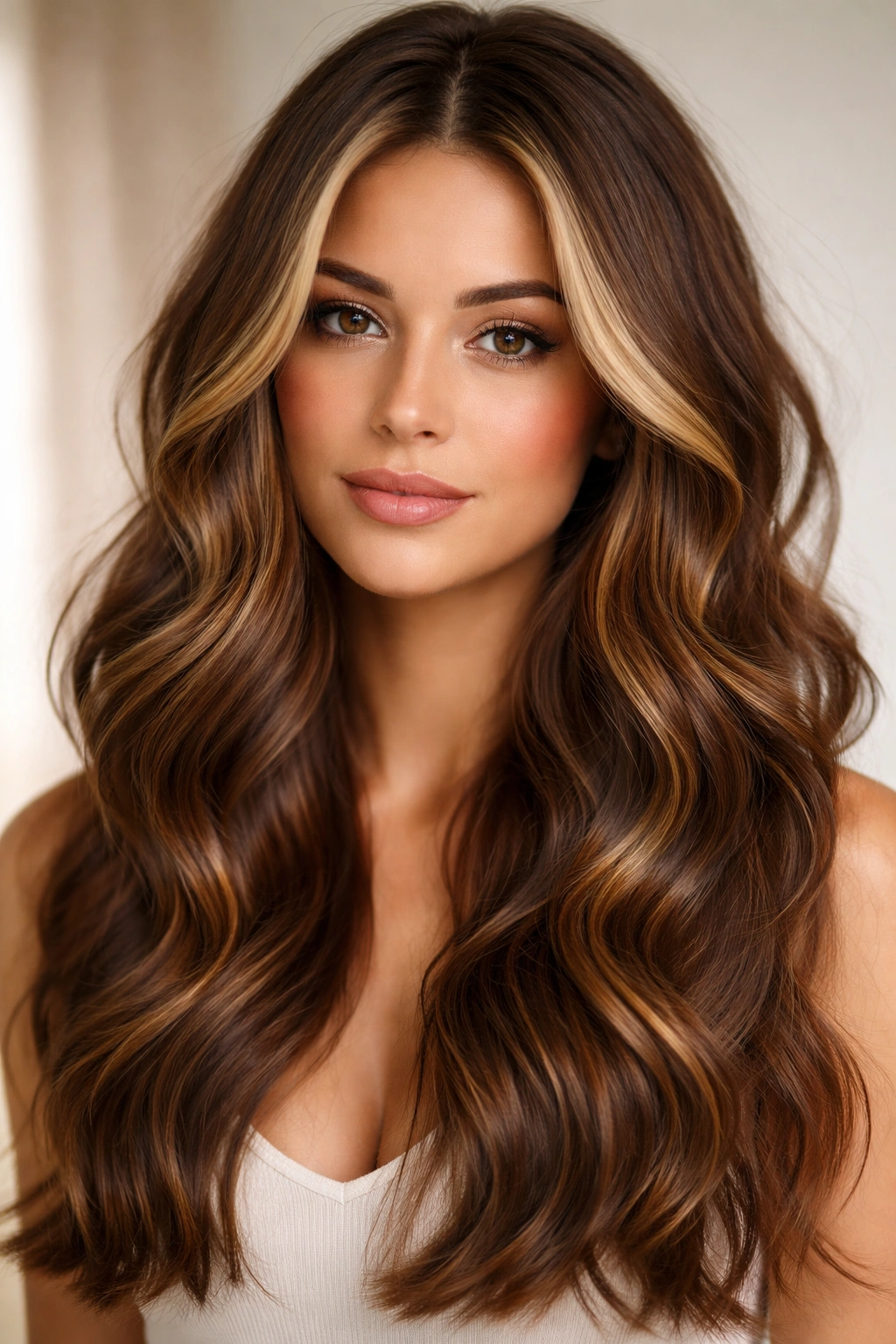 Close-up of chestnut hair with lighter money pieces among wavy strands