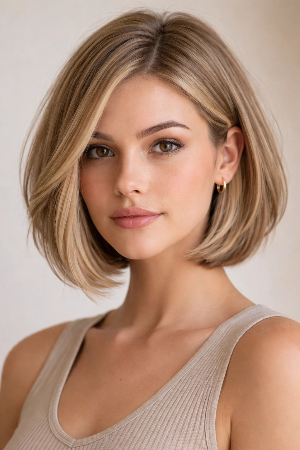 Front view of a chin-length blunt bob with hidden layers and a polished silhouette