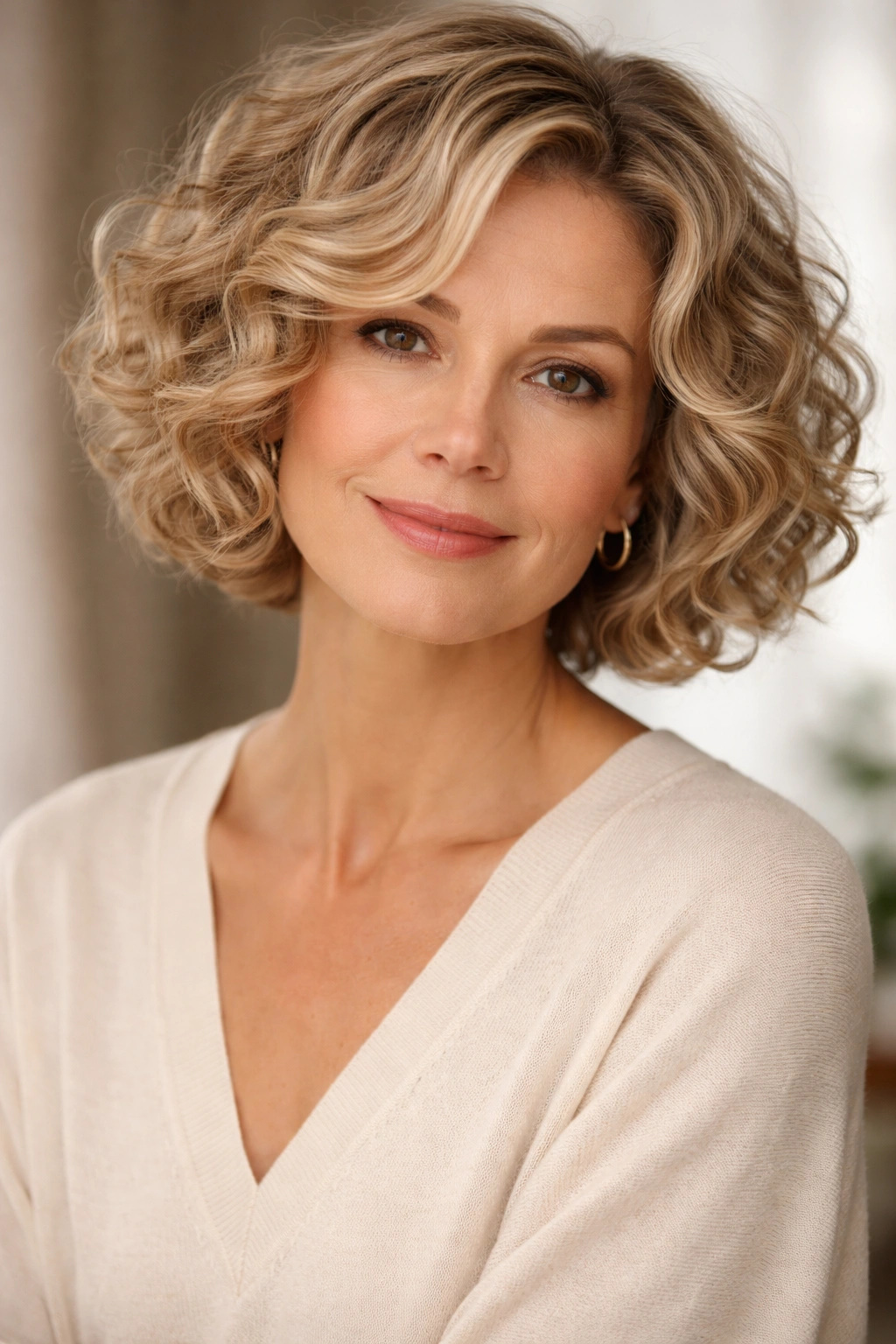 Medium shot of a 50+ woman with chin-length curly bob
