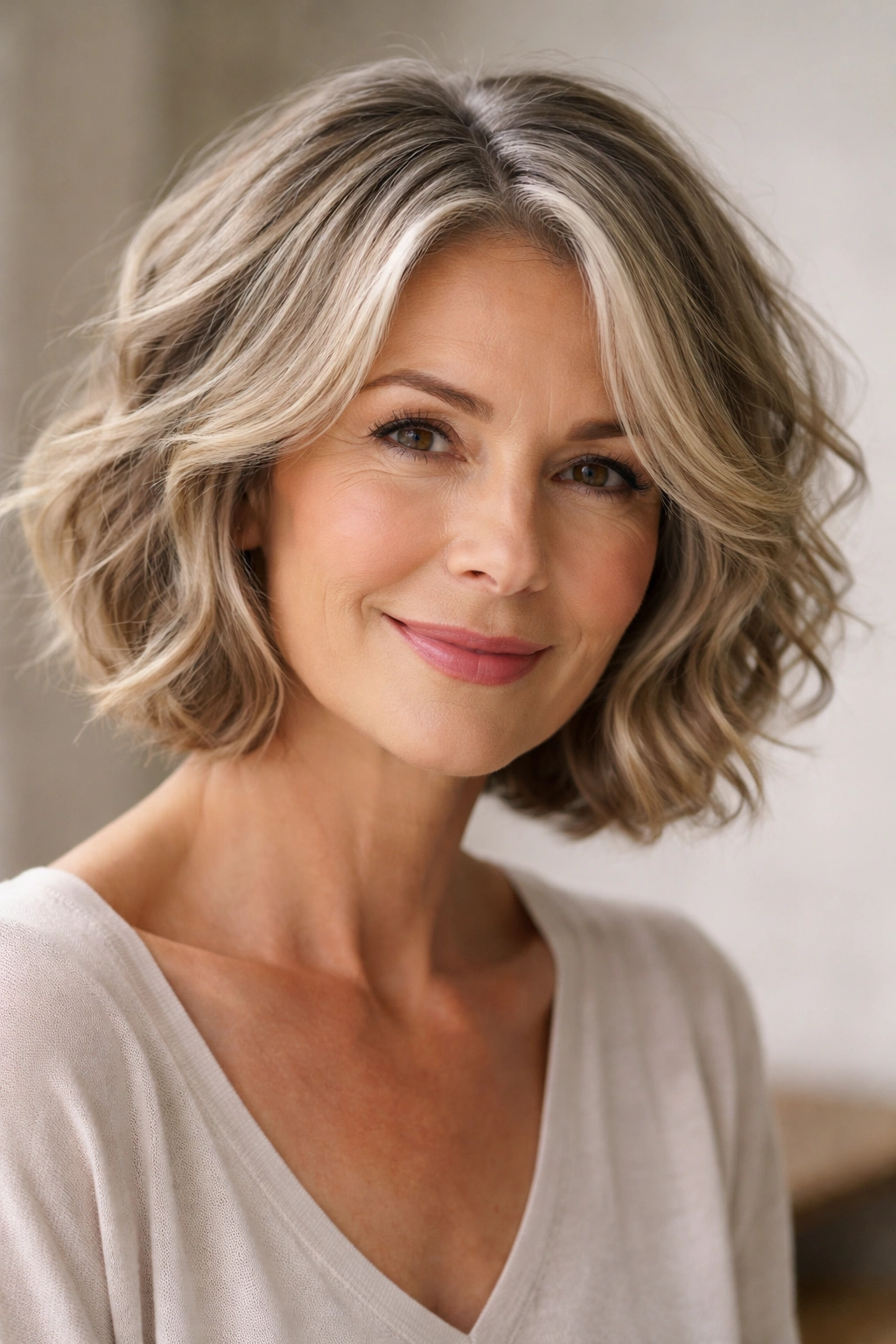 Chin-length textured waves bob at jawline with soft movement