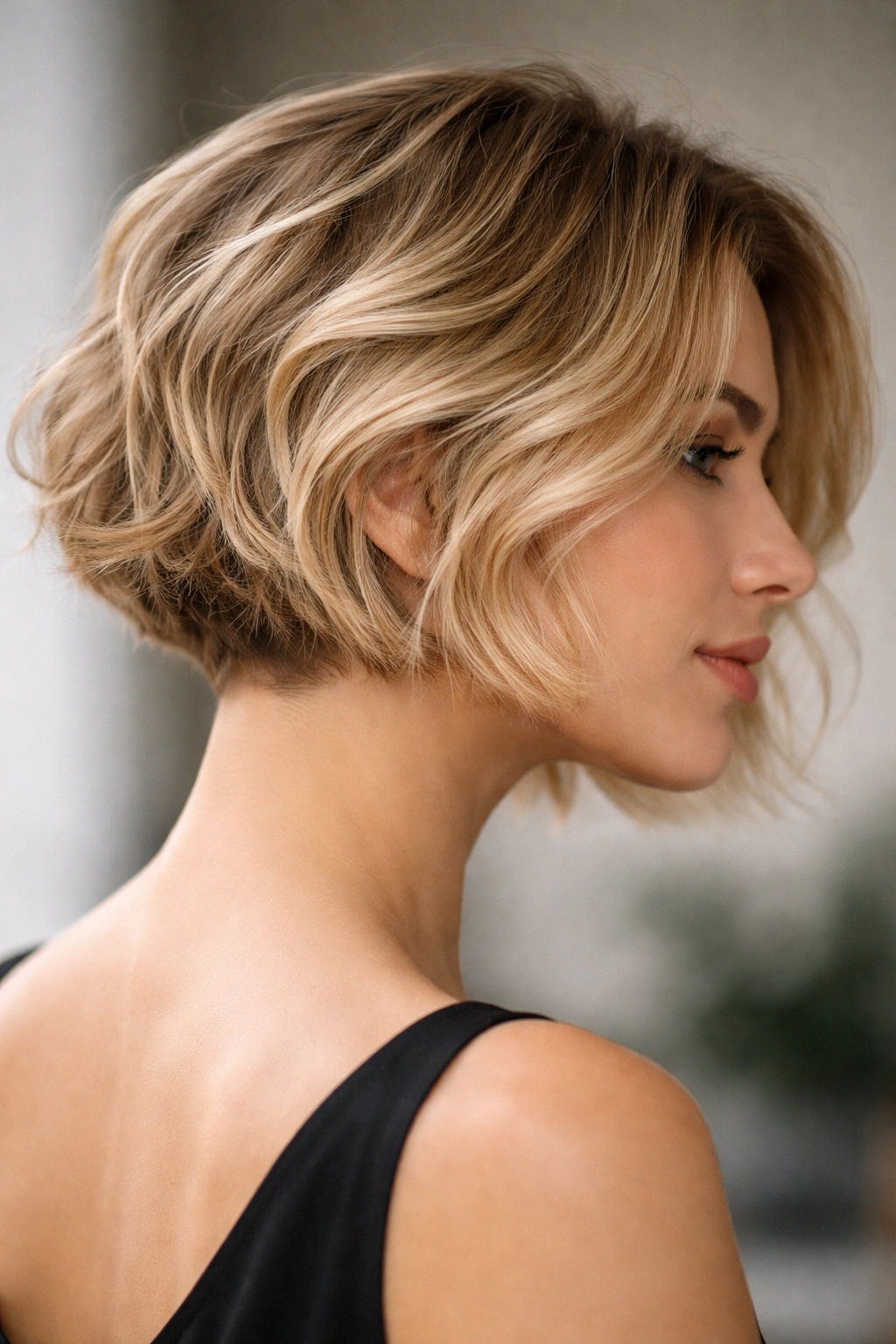 Close-up of a blonde chin-length wavy bob with a hidden undercut