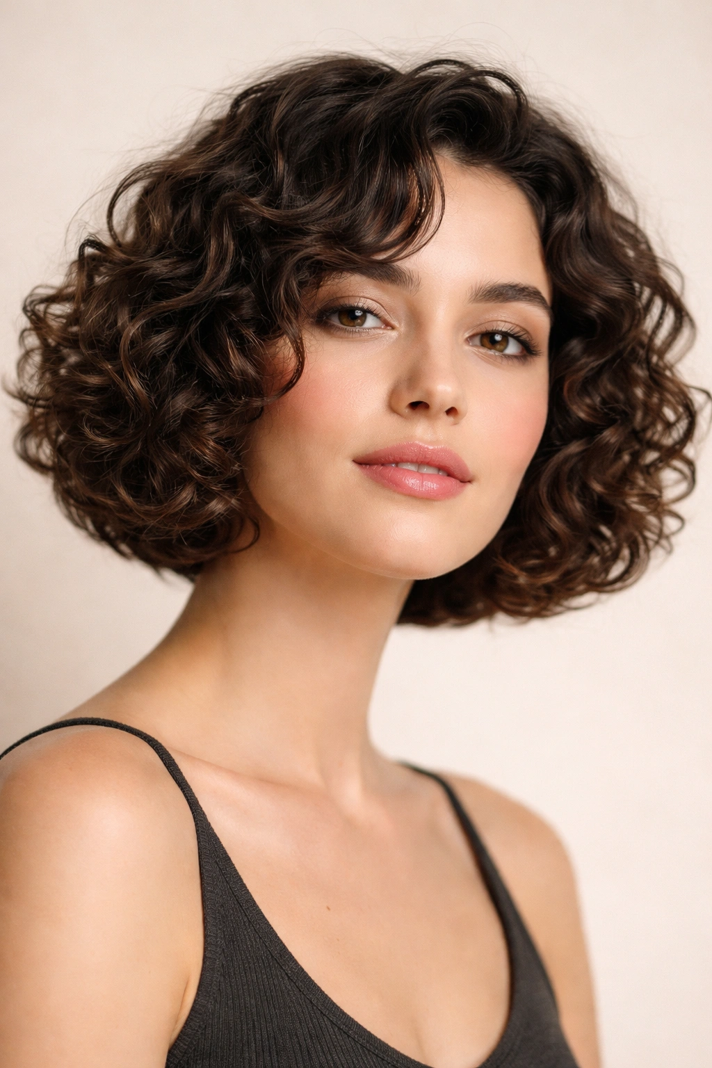 Close-up of chin-length curly bob framing the jawline with defined curls