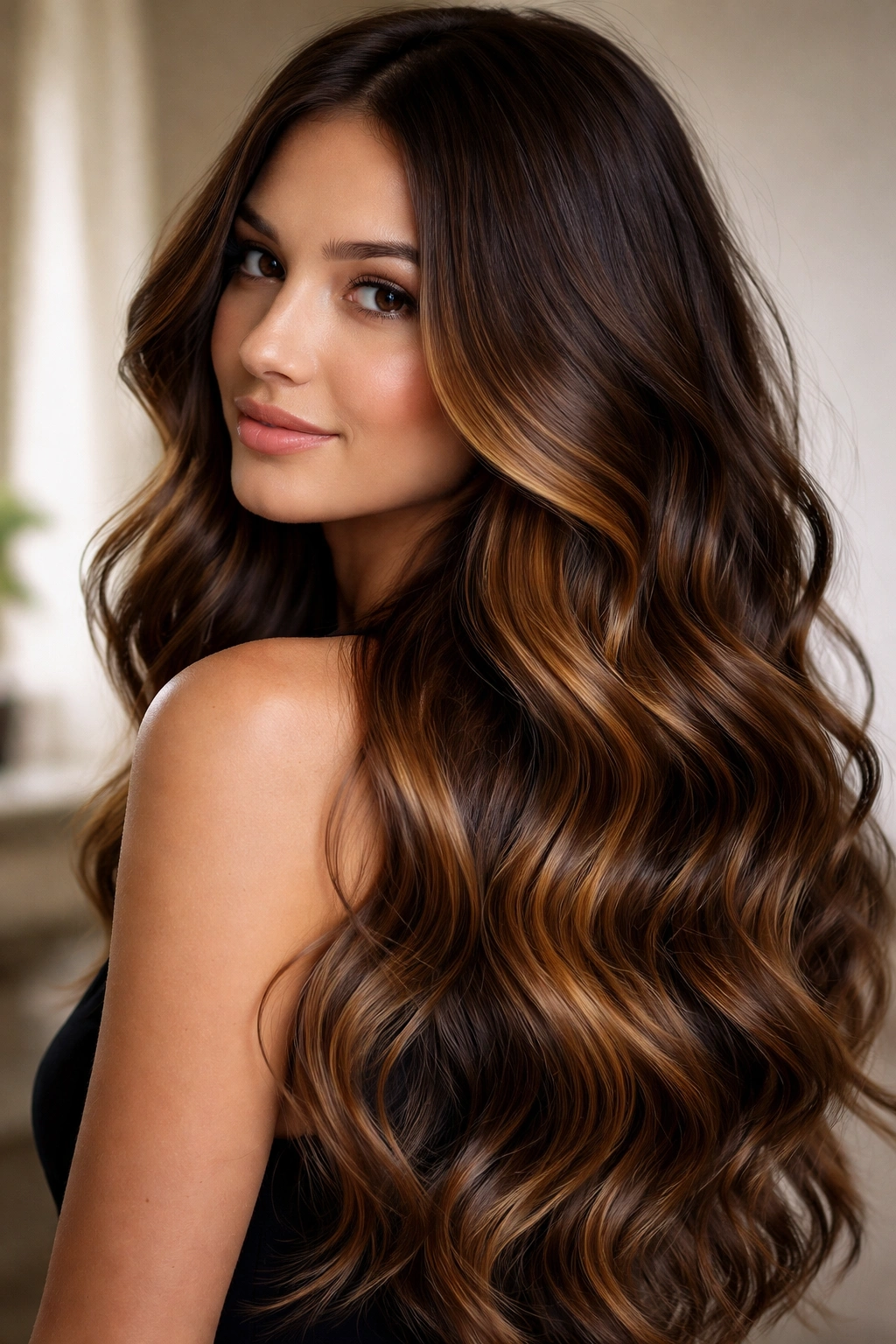 Chocolate brown to caramel balayage waves with face-framing highlights