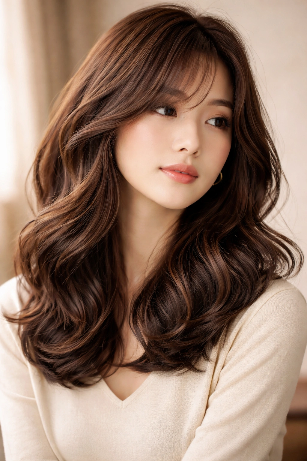 Model with chocolate brown soft perm waves and dimensional color.
