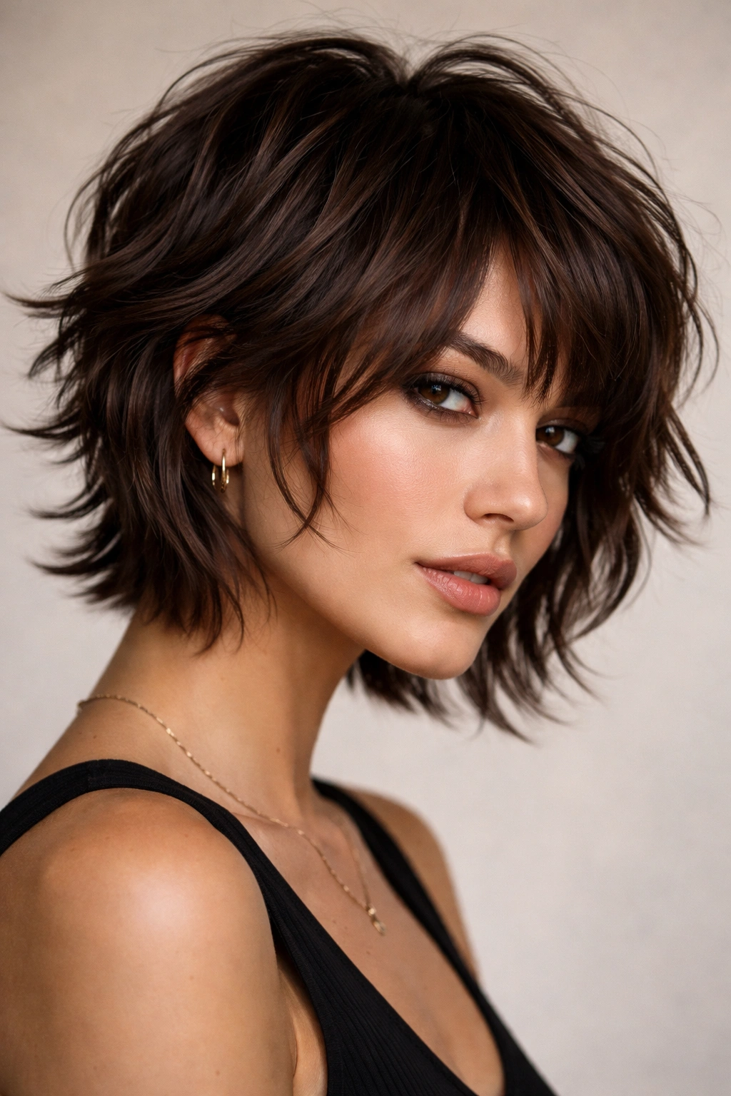 Chocolate brown choppy layers with defined waves and edgy texture.