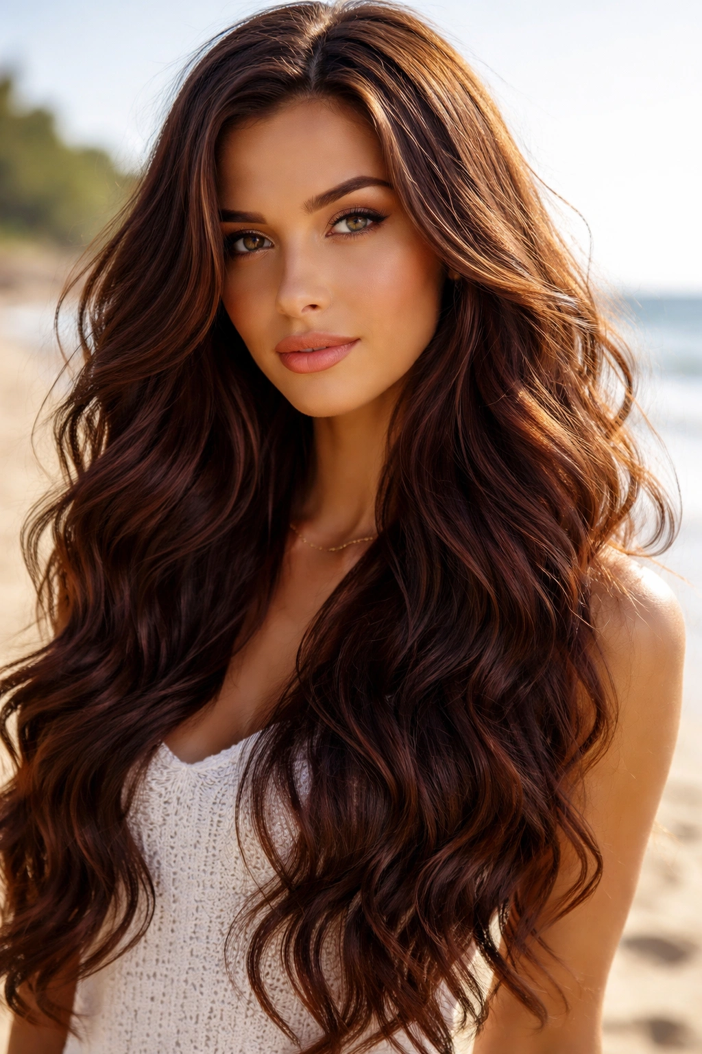 Close-up of chocolate-brown hair with cherry undertones in loose beachy waves
