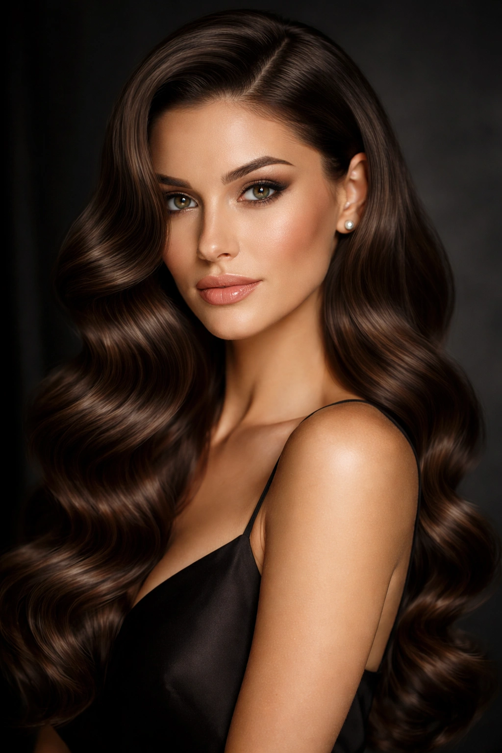 Glamorous chocolate brown Hollywood waves in a studio portrait