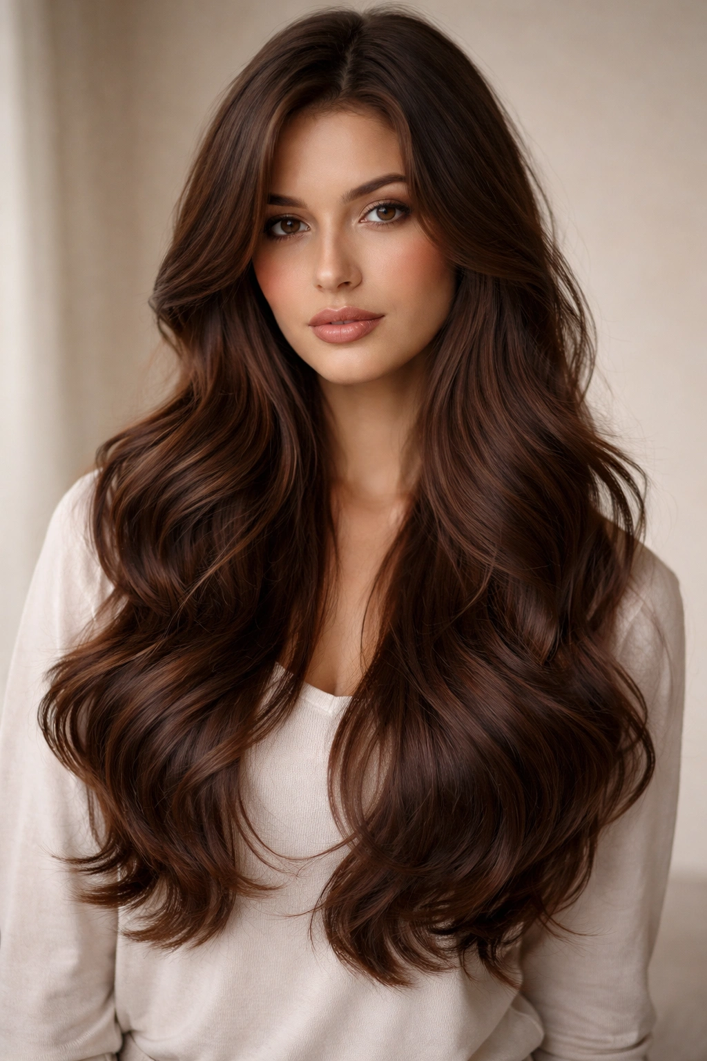 Close-up of chocolate brown layered waves with defined layers