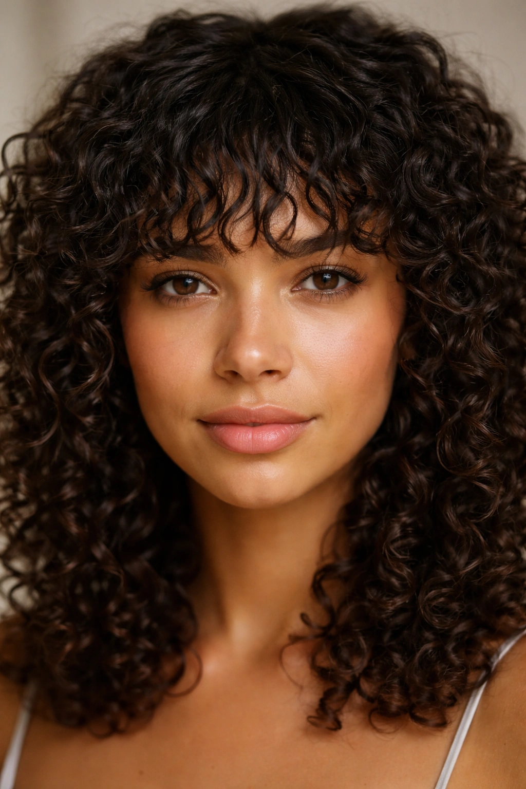 Close-up of choppy textured bangs on tight curls framing the forehead.