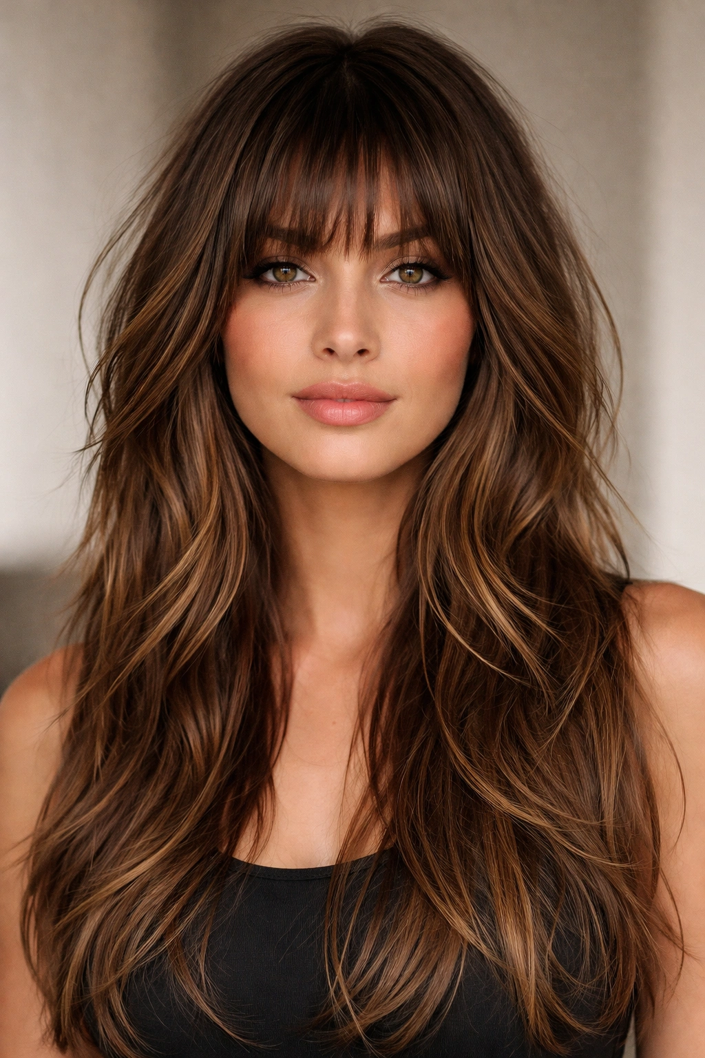 Front view of choppy bangs with long layers haircut