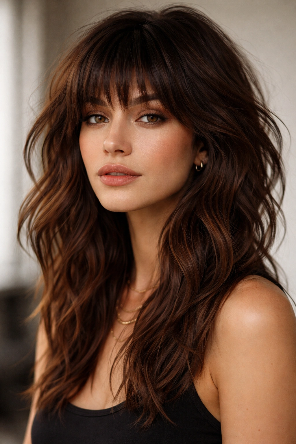 Close-up of brunette hair with choppy bangs and textured waves