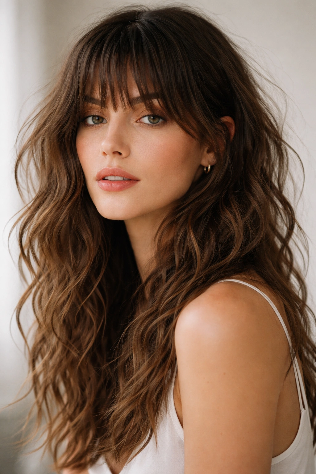 Portrait of choppy bangs with tousled length and textured waves