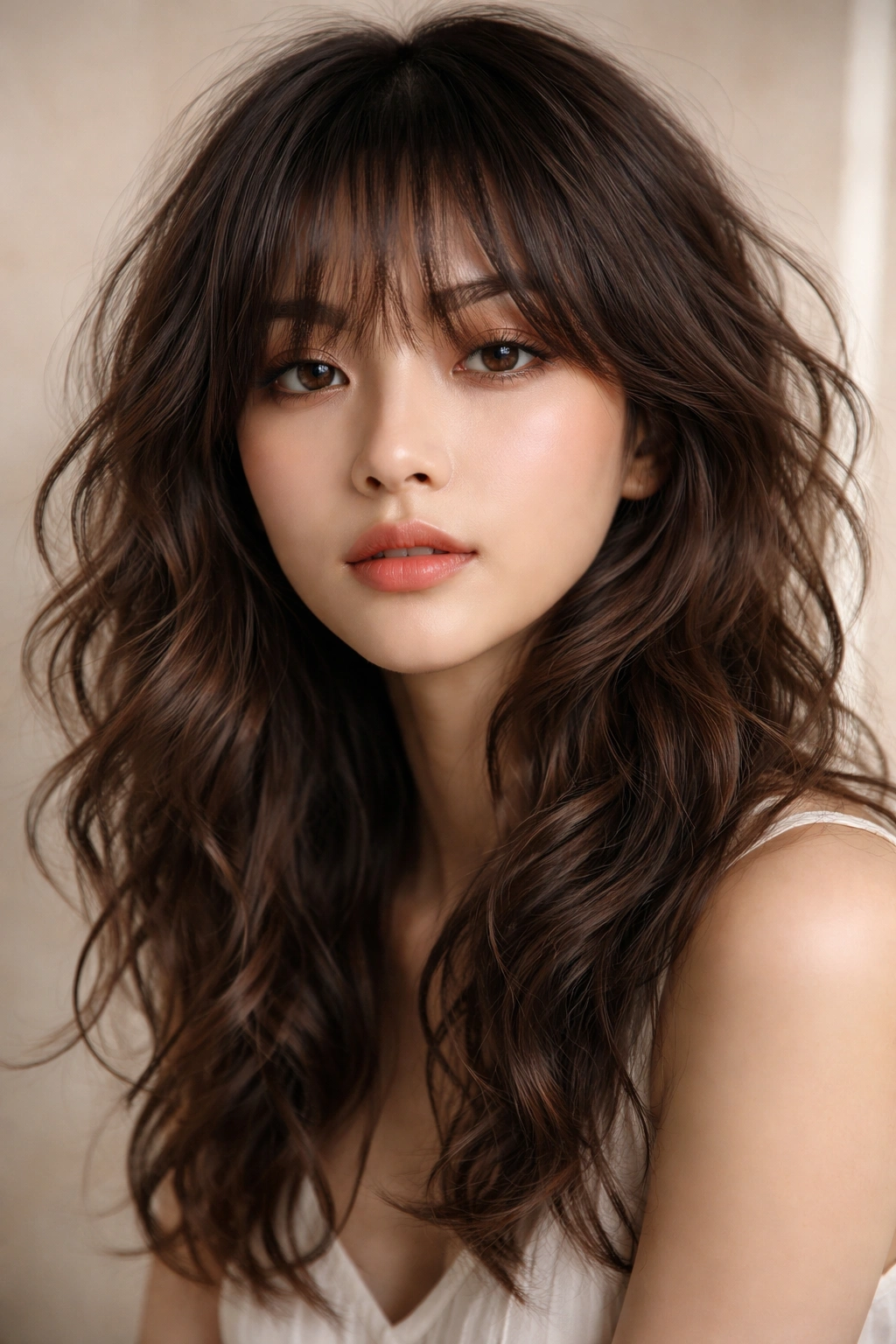 Portrait showing choppy bangs with tousled waves for an edgy Korean-style look.