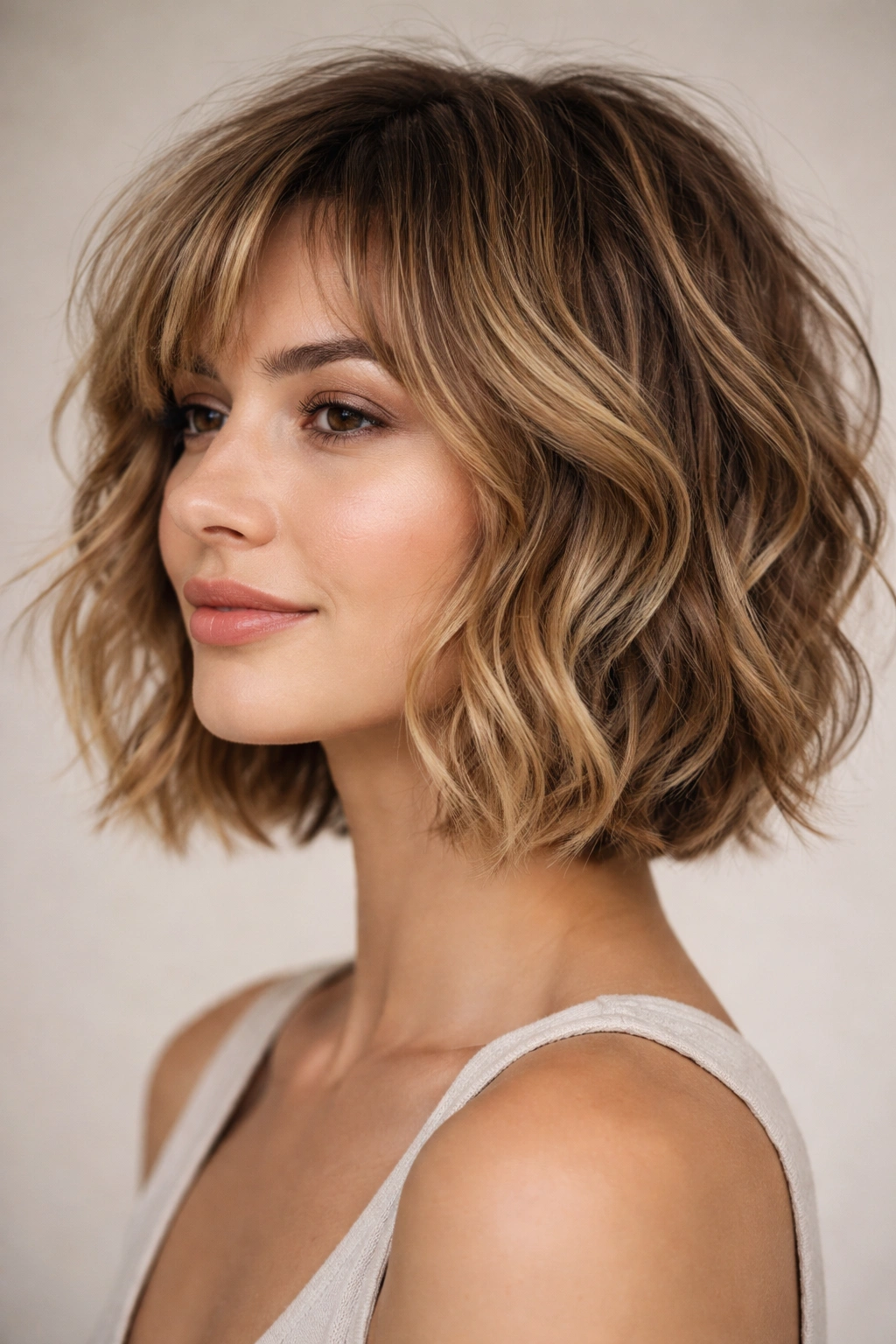Close-up of choppy bob with movement on jaw-length wavy hair