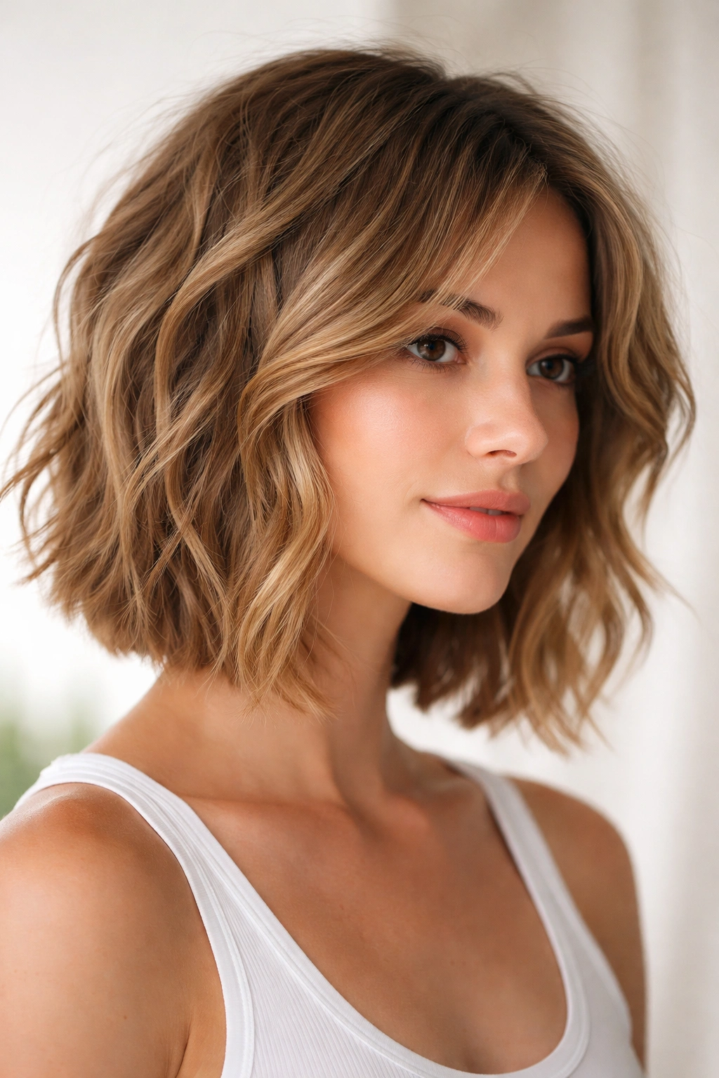 Choppy shoulder-length bob on wavy hair with uneven layers