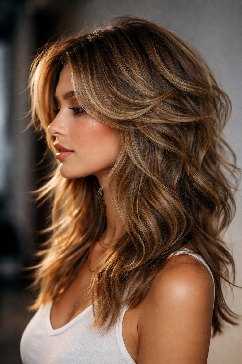 Side profile showing choppy textured butterfly cut with pronounced midlength layers