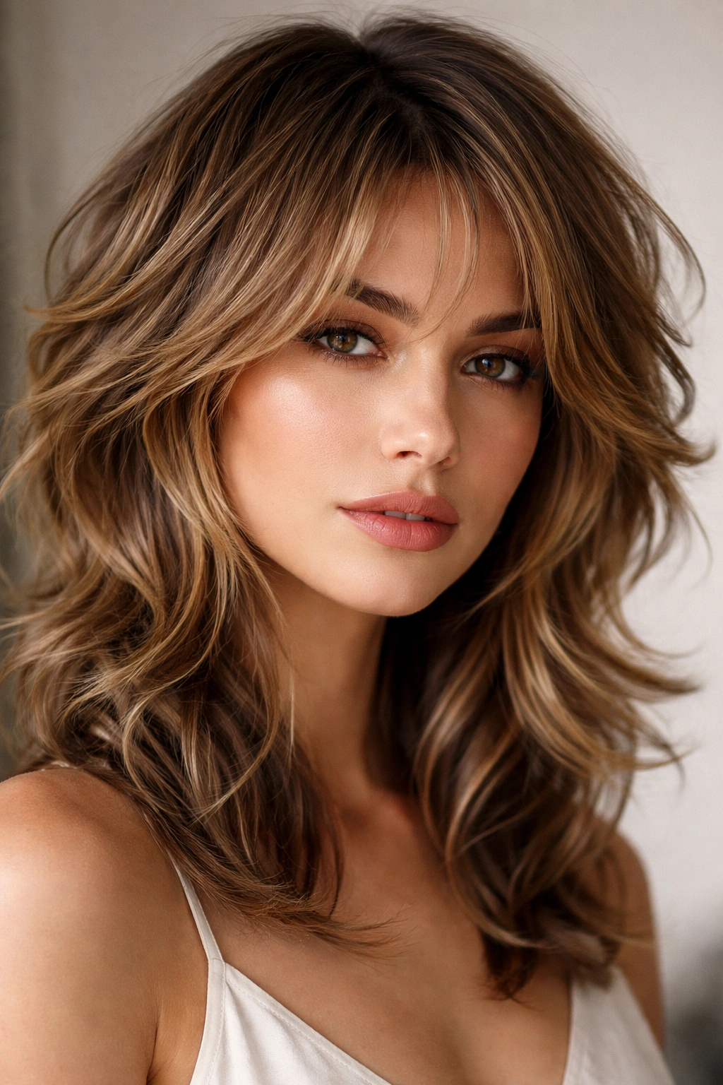 Close-up of choppy wavy butterfly cut with face-framing layers