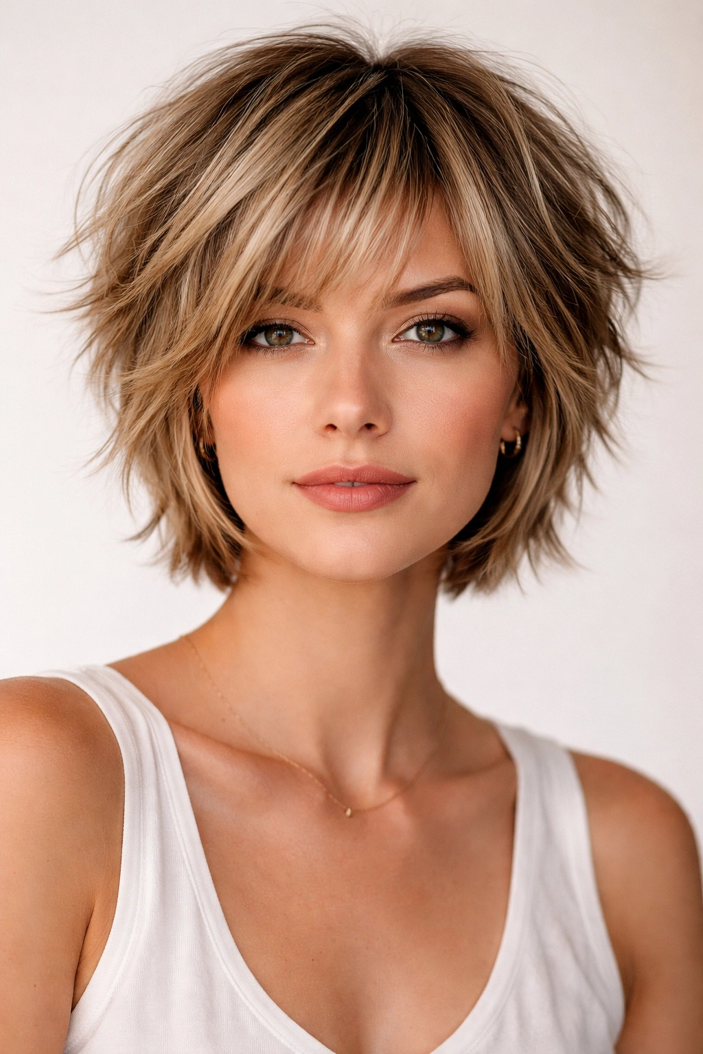 Short choppy textured crop with piecey ends in a studio portrait