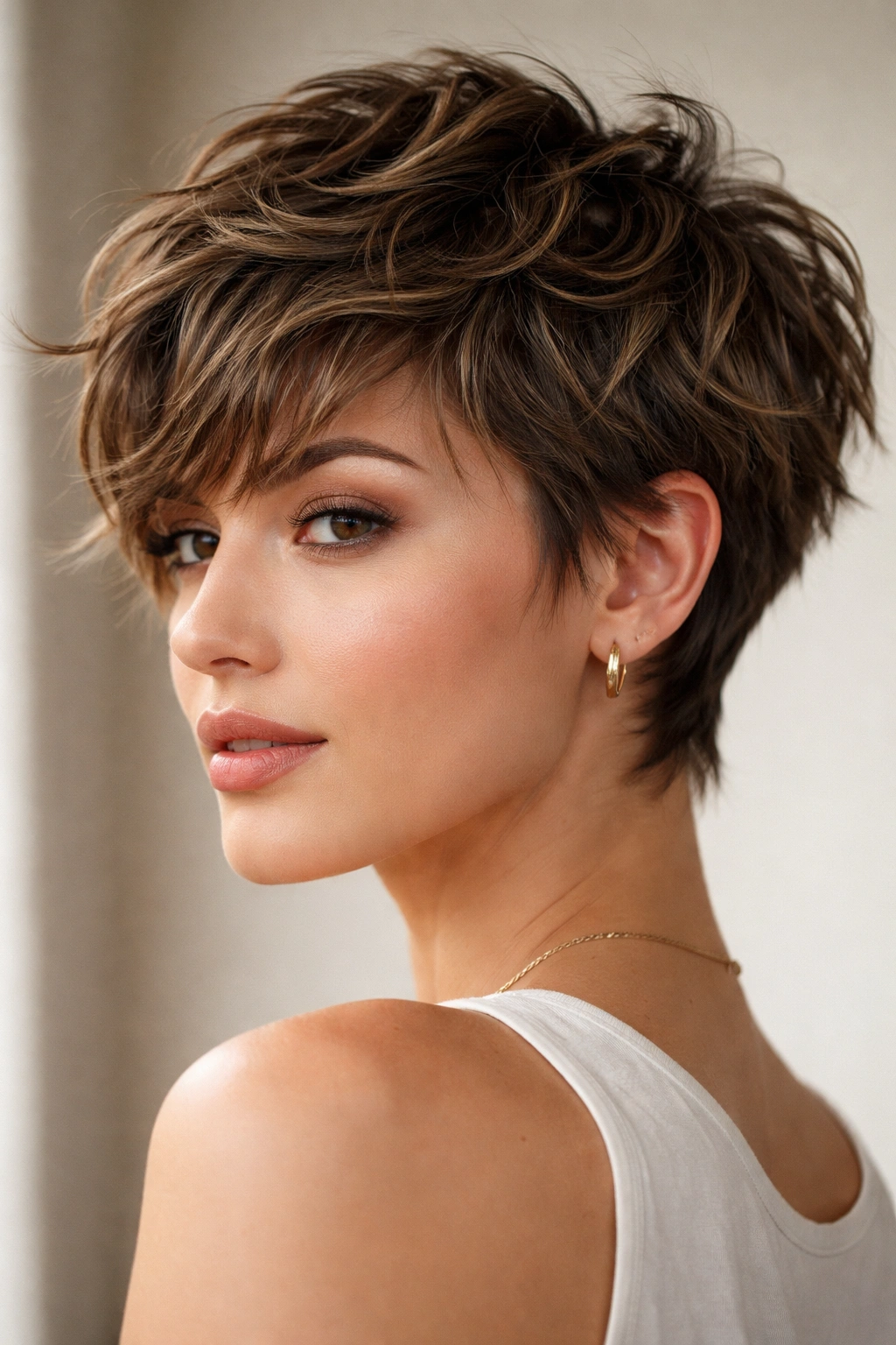 Close-up of a very short crop with deep texture and choppy layers on wavy hair