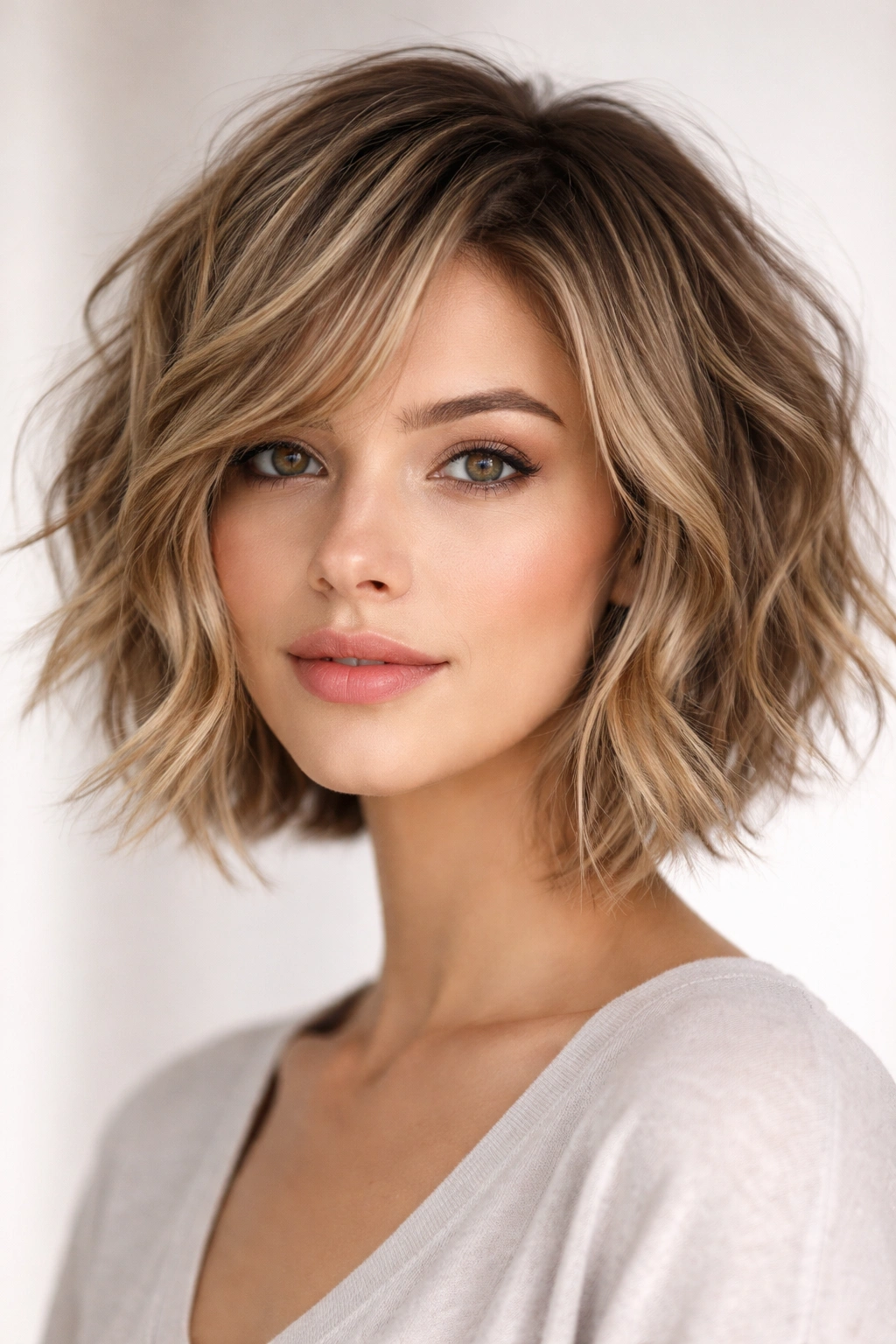 Choppy layered bob with waves showing disconnected layers and movement.
