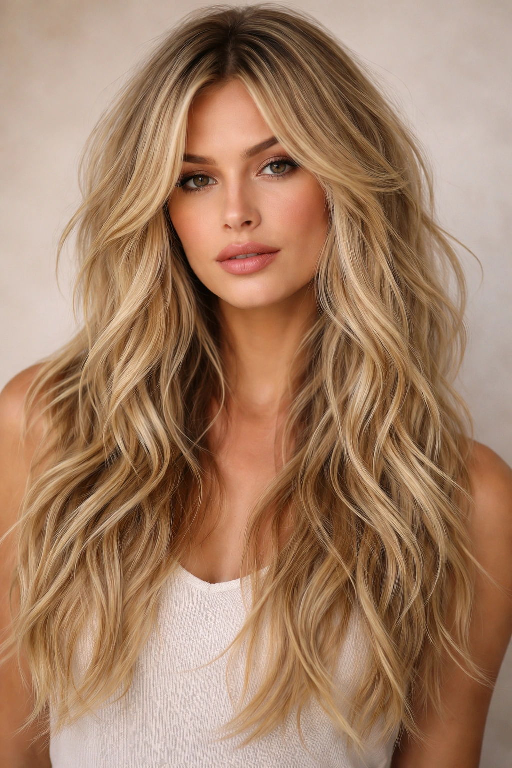 Long blonde hair with choppy layered waves.