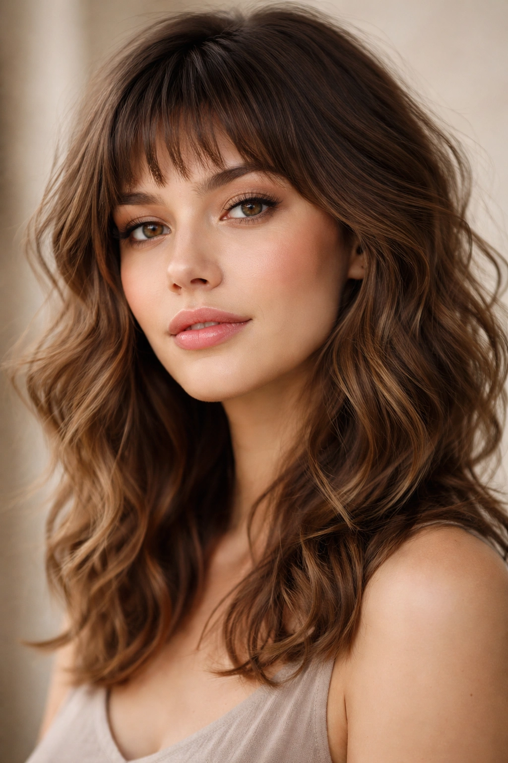 Close-up of a model with choppy layered waves and wispy micro bangs, studio lighting