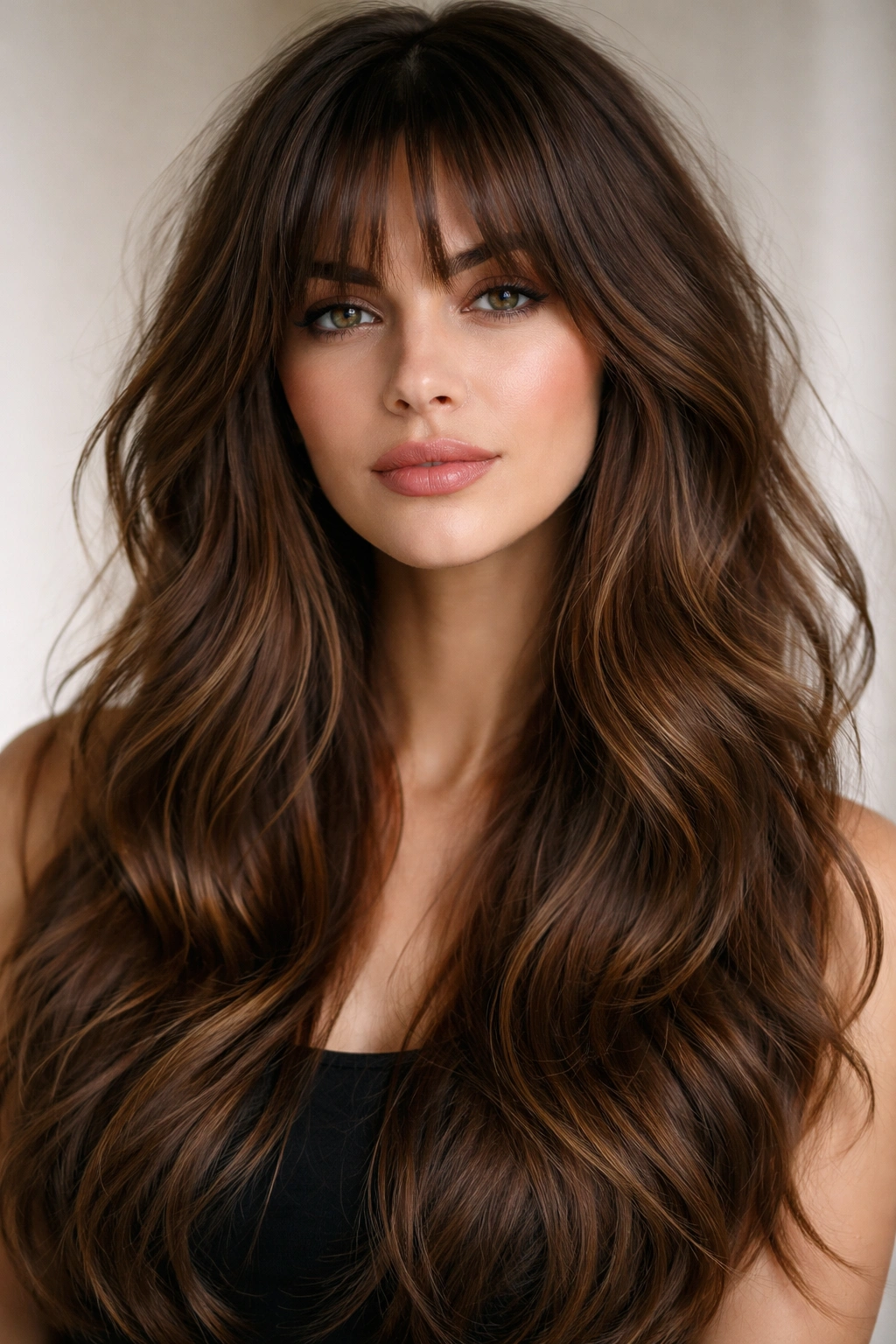 Wavy brown hair with long choppy layers and short face-framing bangs