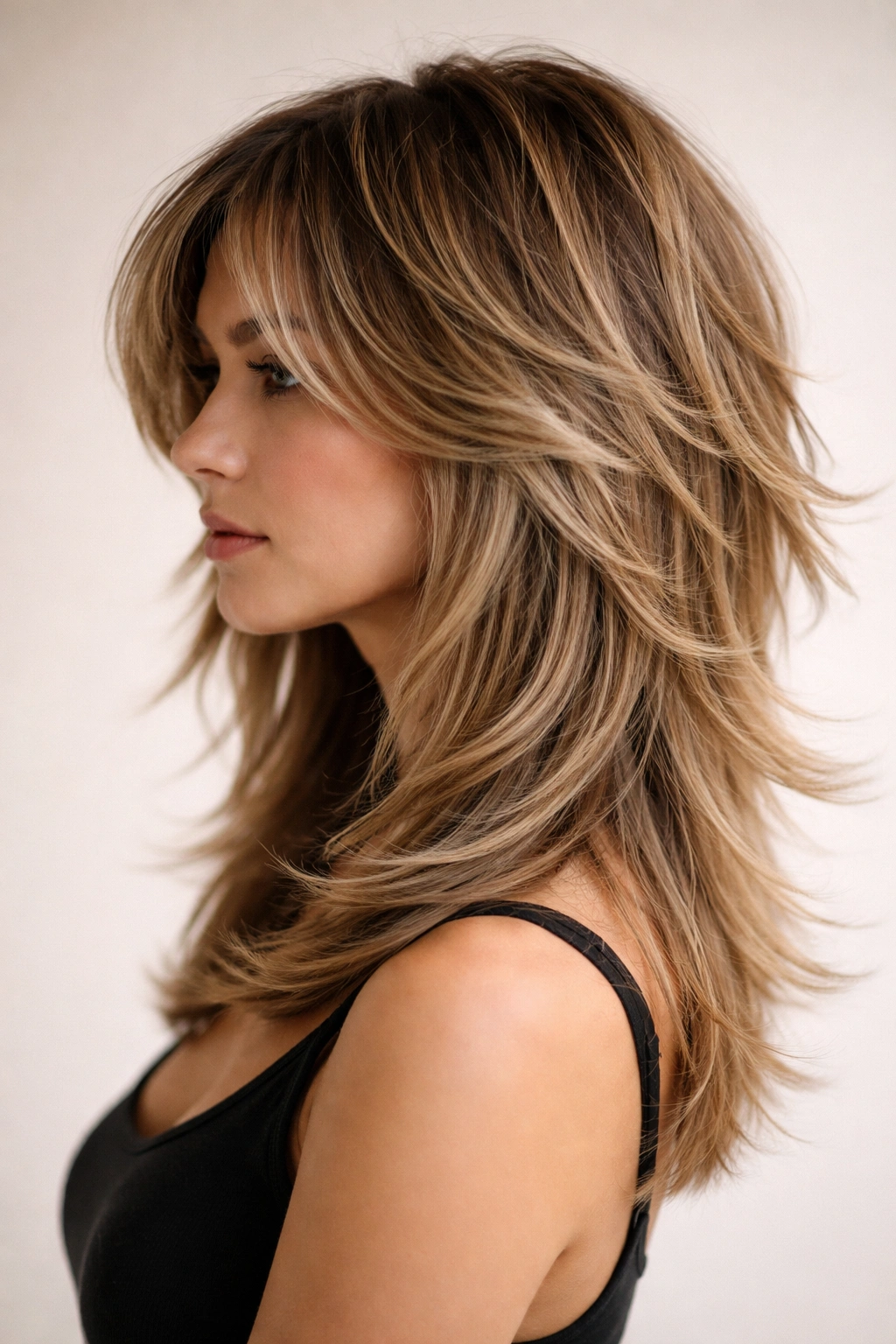 Choppy layered hair with graduated angles showing feathered movement.