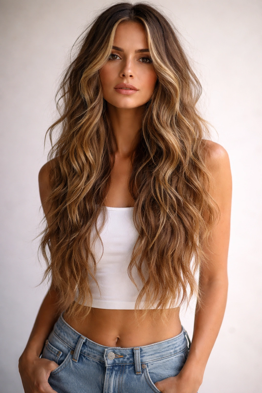 Choppy shoulder-length layers on wavy hair with bold texture