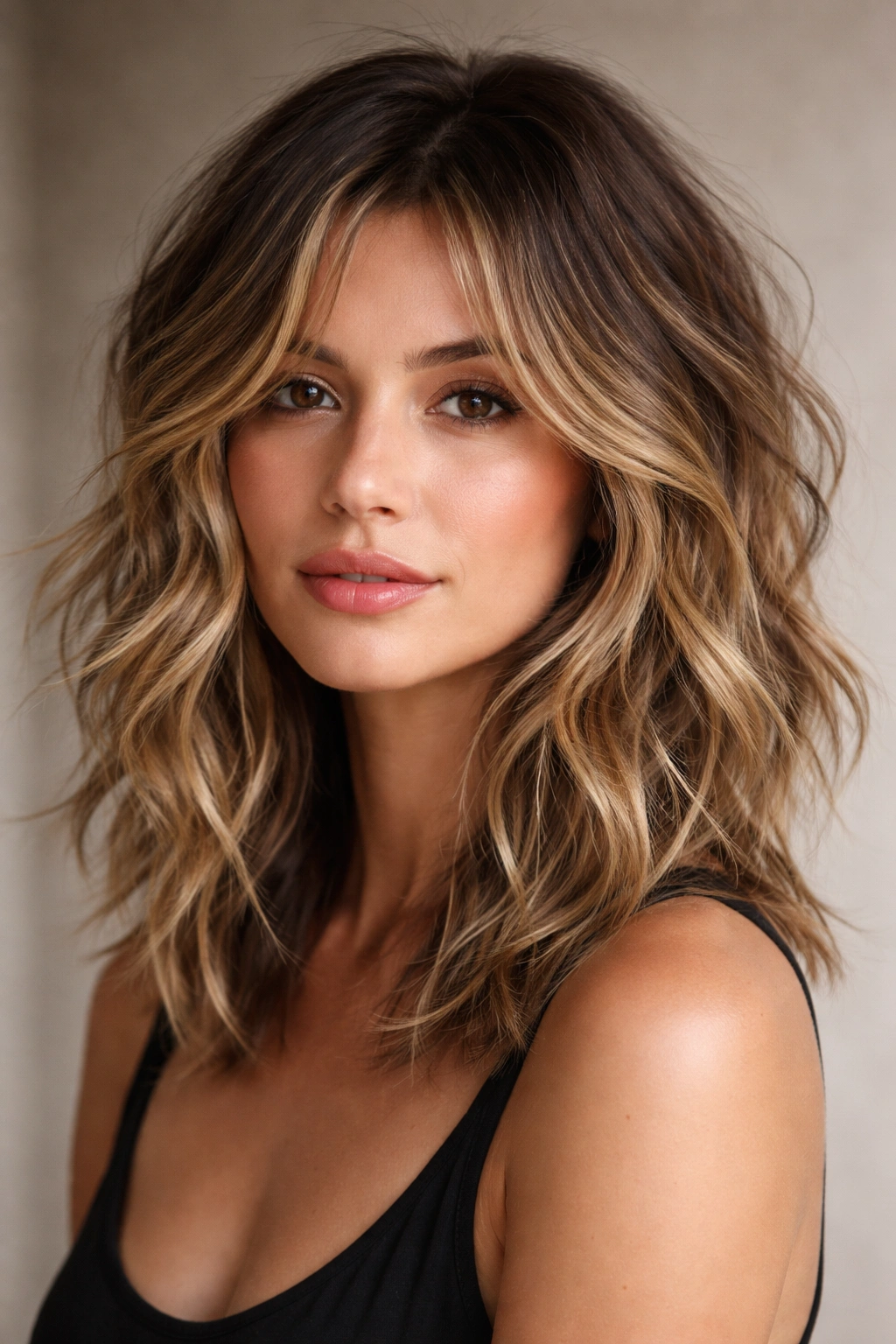 Choppy layered hair with piecey waves and texture.